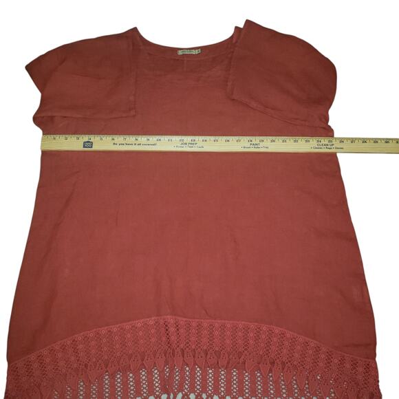 Lungo L’Arno Vintage Italian Linen Tunic 3X – Terracotta Boho Crochet Hem Top - Picture 5 of 9